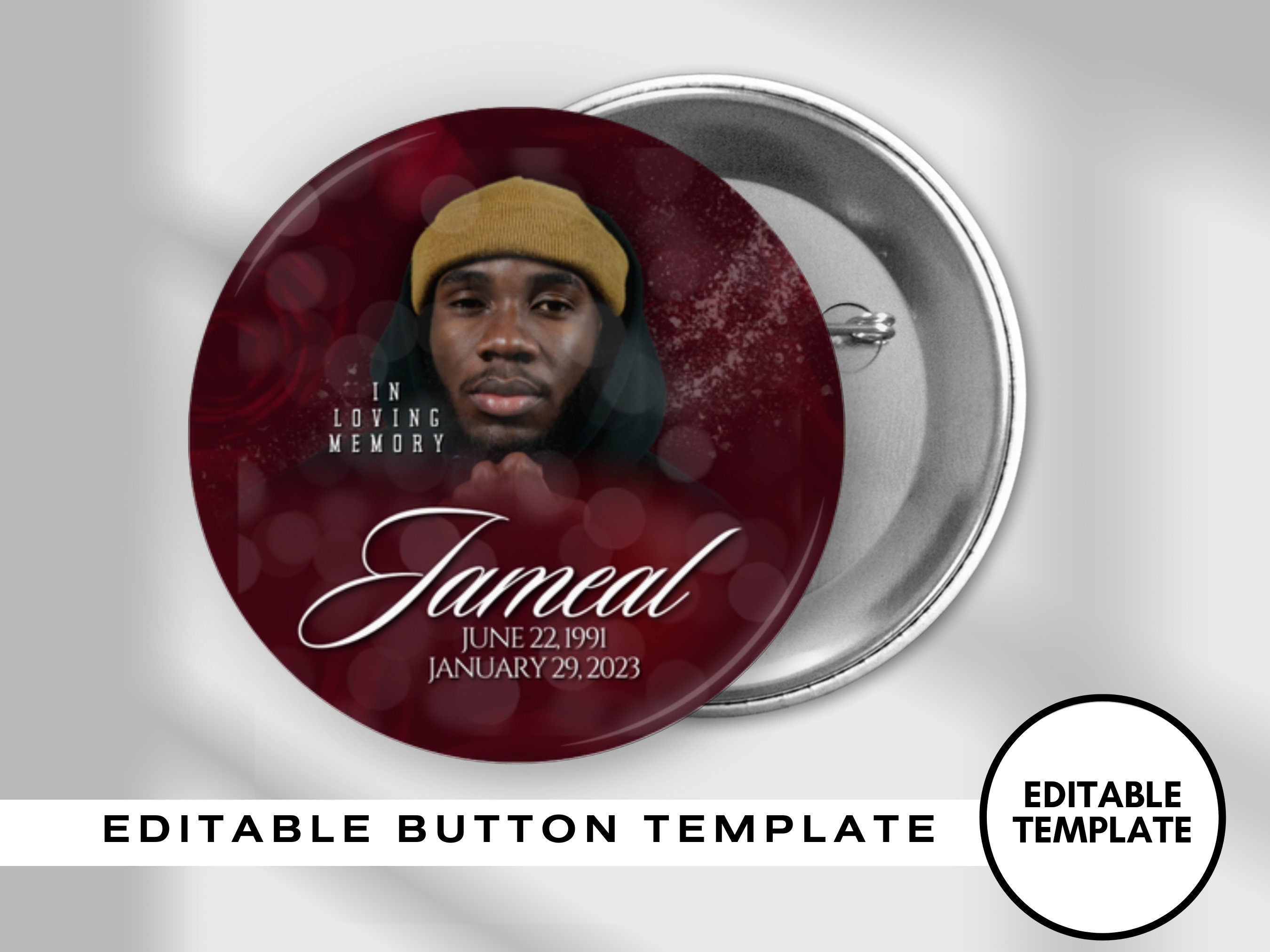 RED PINBACK Template,Full Color, Personalized Funeral Buttons