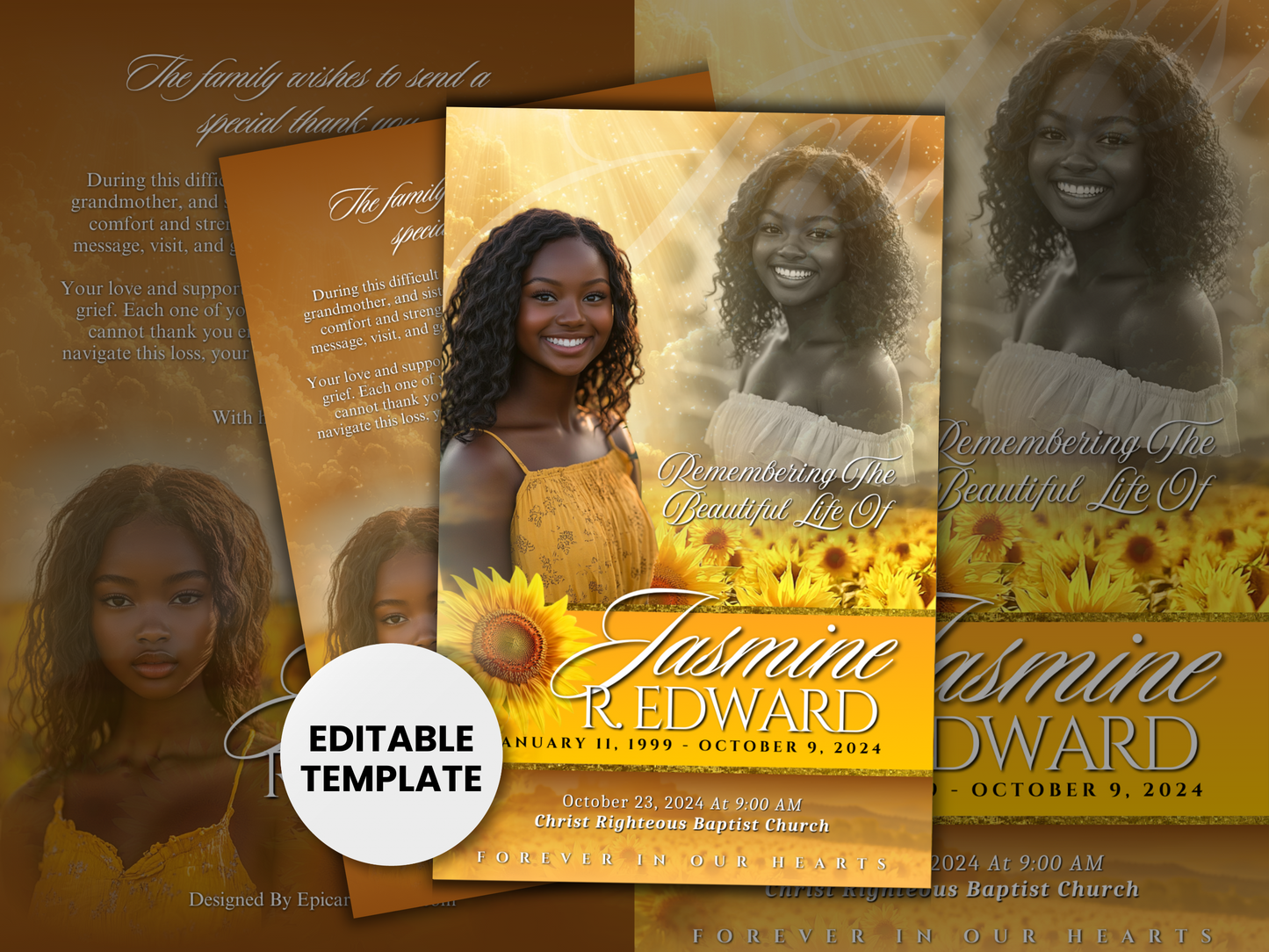 8.5"x5.5" BOOKLET Memorial program (4 pages)| YELLOW Funeral Program |Celebration of Life |Keepsake |Digital Download |Canva Template