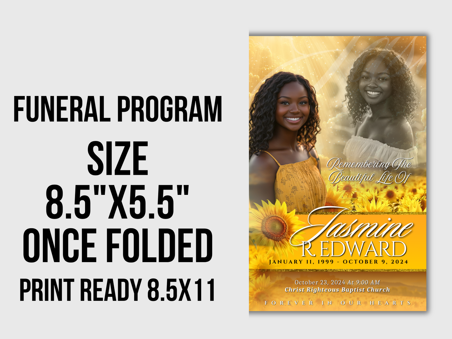 8.5"x5.5" BOOKLET Memorial program (4 pages)| YELLOW Funeral Program |Celebration of Life |Keepsake |Digital Download |Canva Template