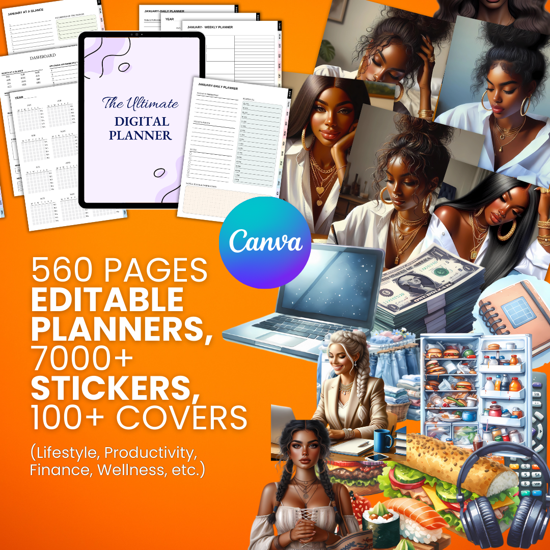 560 Pages Editable Planners, 7000+ Stickers, 100+ Covers (Lifestyle, Productivity, Finance, Wellness, etc.)