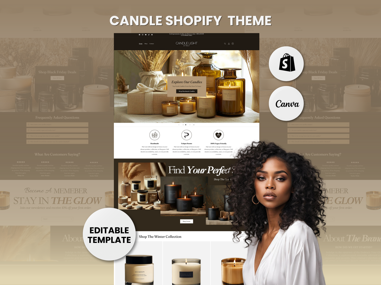 Aesthetic Black & Tan Shopify Candle Theme Template, tan and Black Theme, Candle Website for Shopify Website Design, Shopify Banners