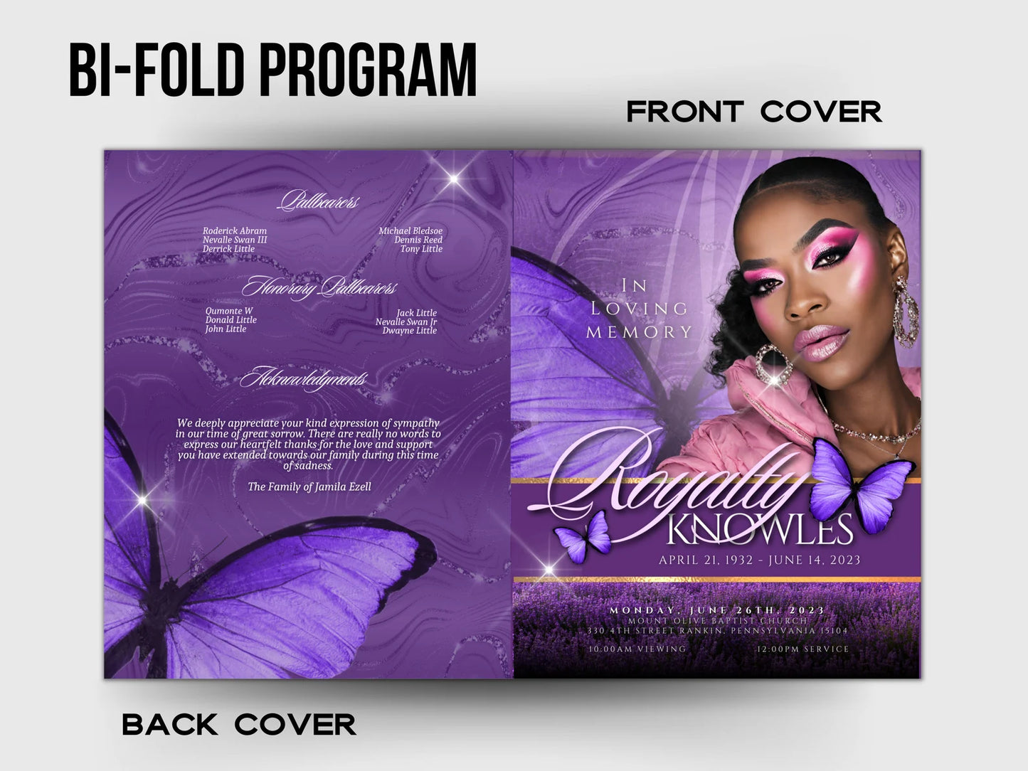 8.5"X11" BOOKLET Memorial program (8 pages)| PURPLE Funeral Program |Celebration of Life |Keepsake |Digital Download |Canva Template