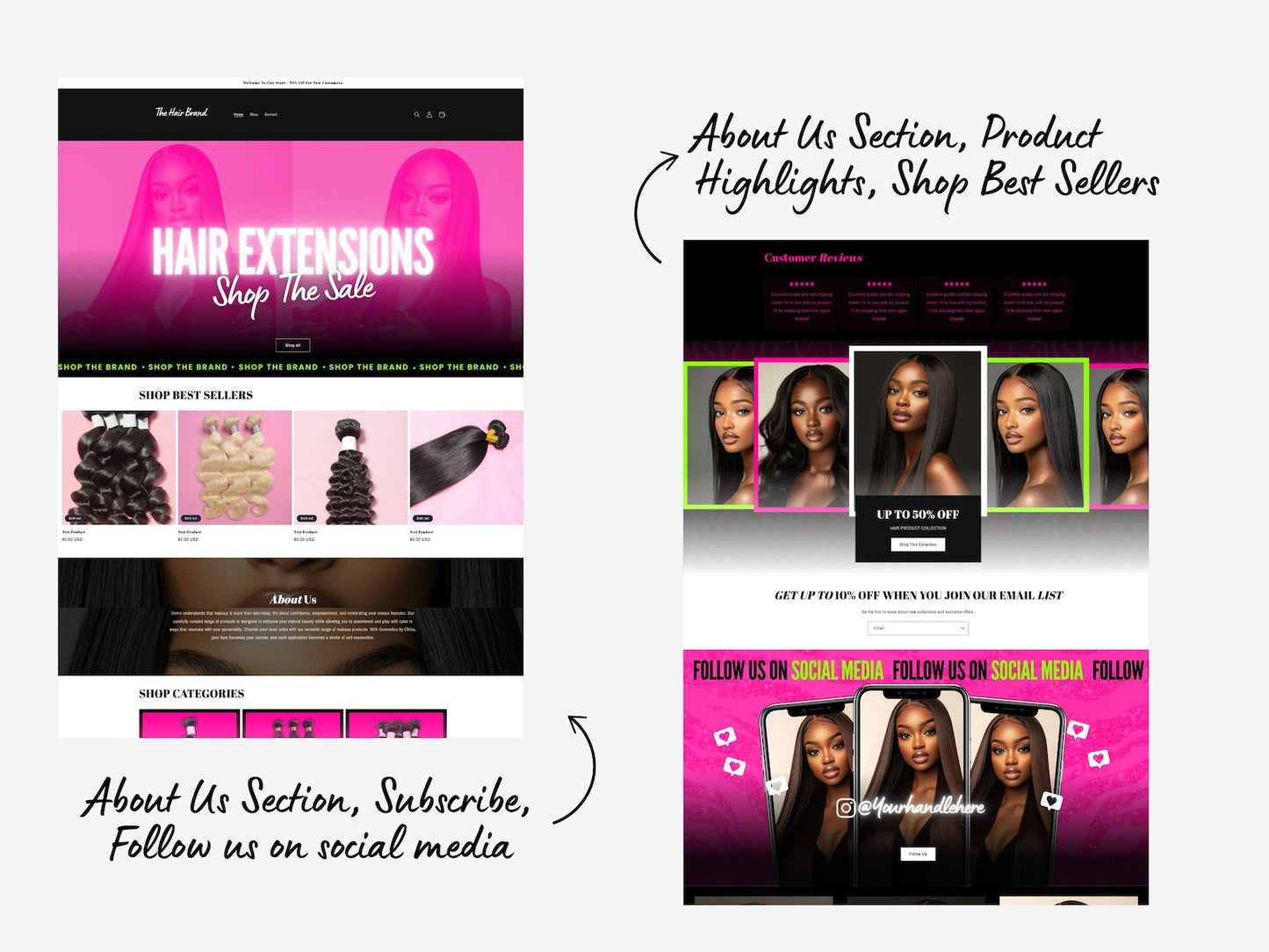 Pink Shopify Theme Template, Pink Hair Theme, Website for Hair Businesses Shopify Website Design, Shopify Banners, Business Owners