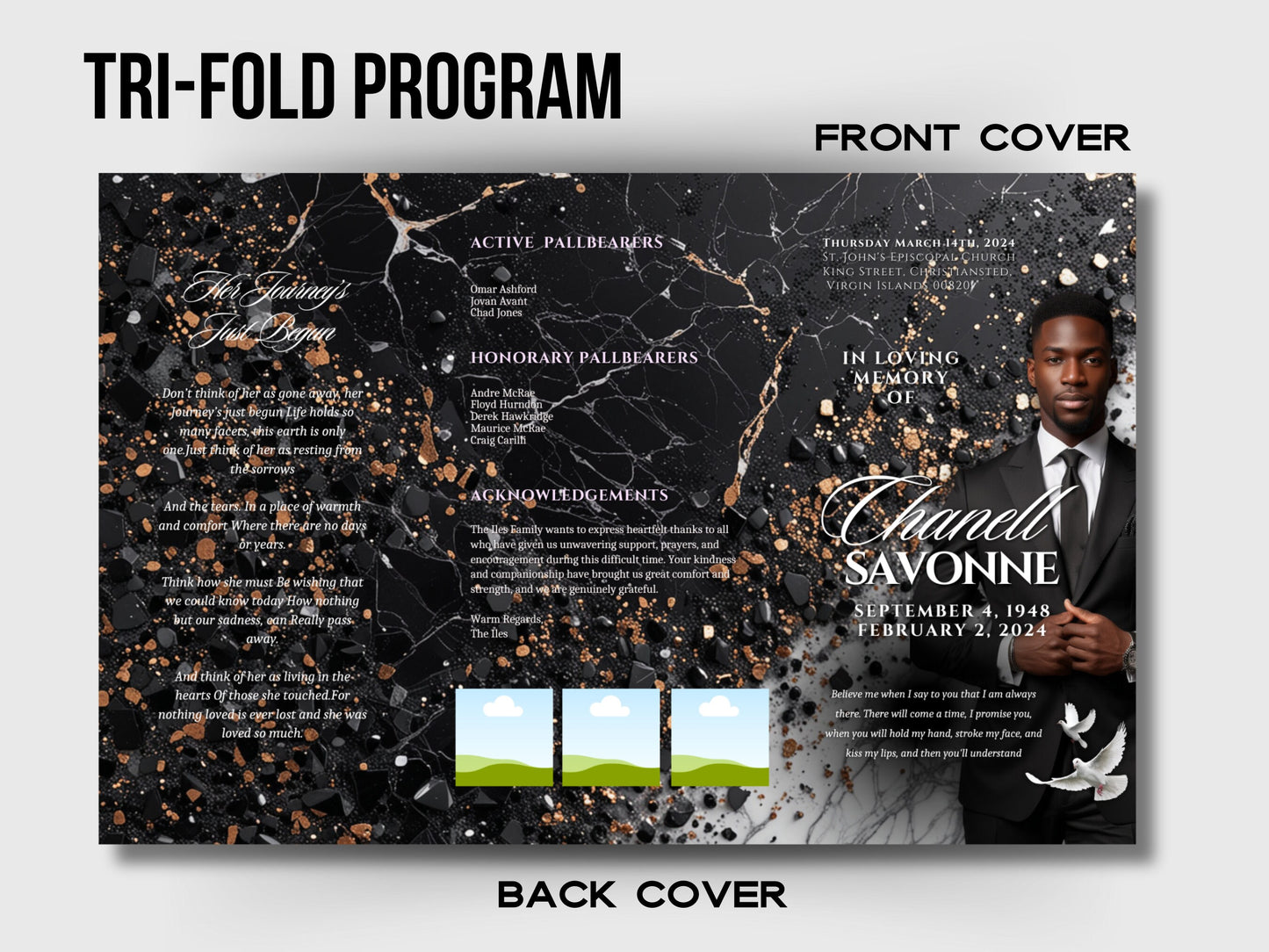 Funeral programs 17x11 editable template TRIFOLD Mens Black Luxury In loving memory funeral brochure printing DIY Funeral booklet