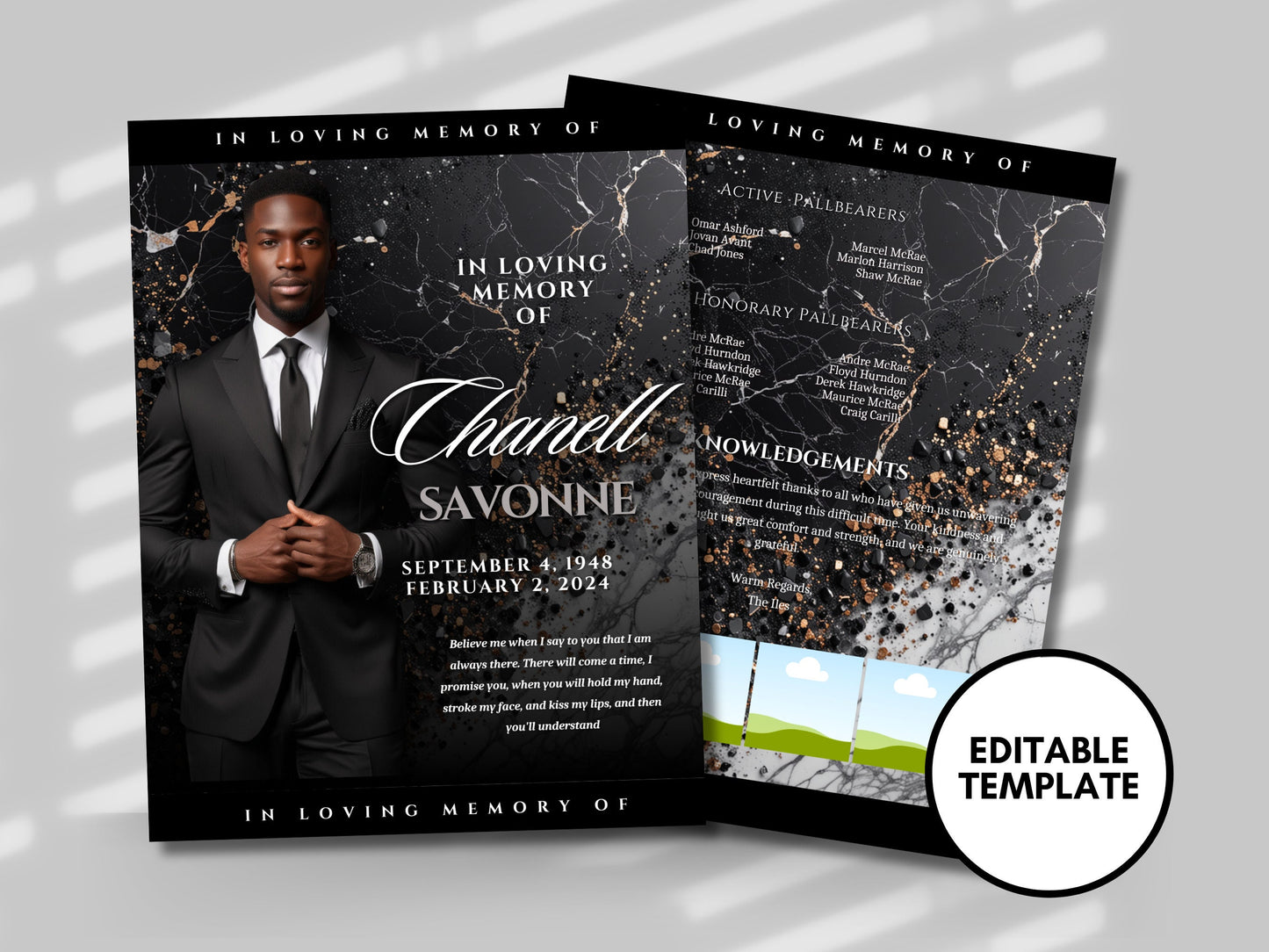 Funeral programs 5.5"x8.5" editable template 8 page Men's Luxury In loving memory funeral brochure printing DIY Funeral booklet