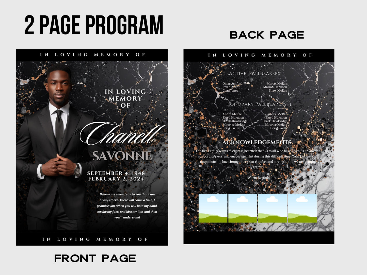 Funeral programs 5.5"x8.5" editable template 8 page Men's Luxury In loving memory funeral brochure printing DIY Funeral booklet