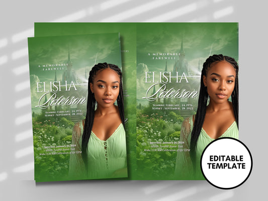 Funeral programs 5.5"x8.5" editable template 8 page Women's Green In loving memory funeral brochure printing DIY Funeral booklet