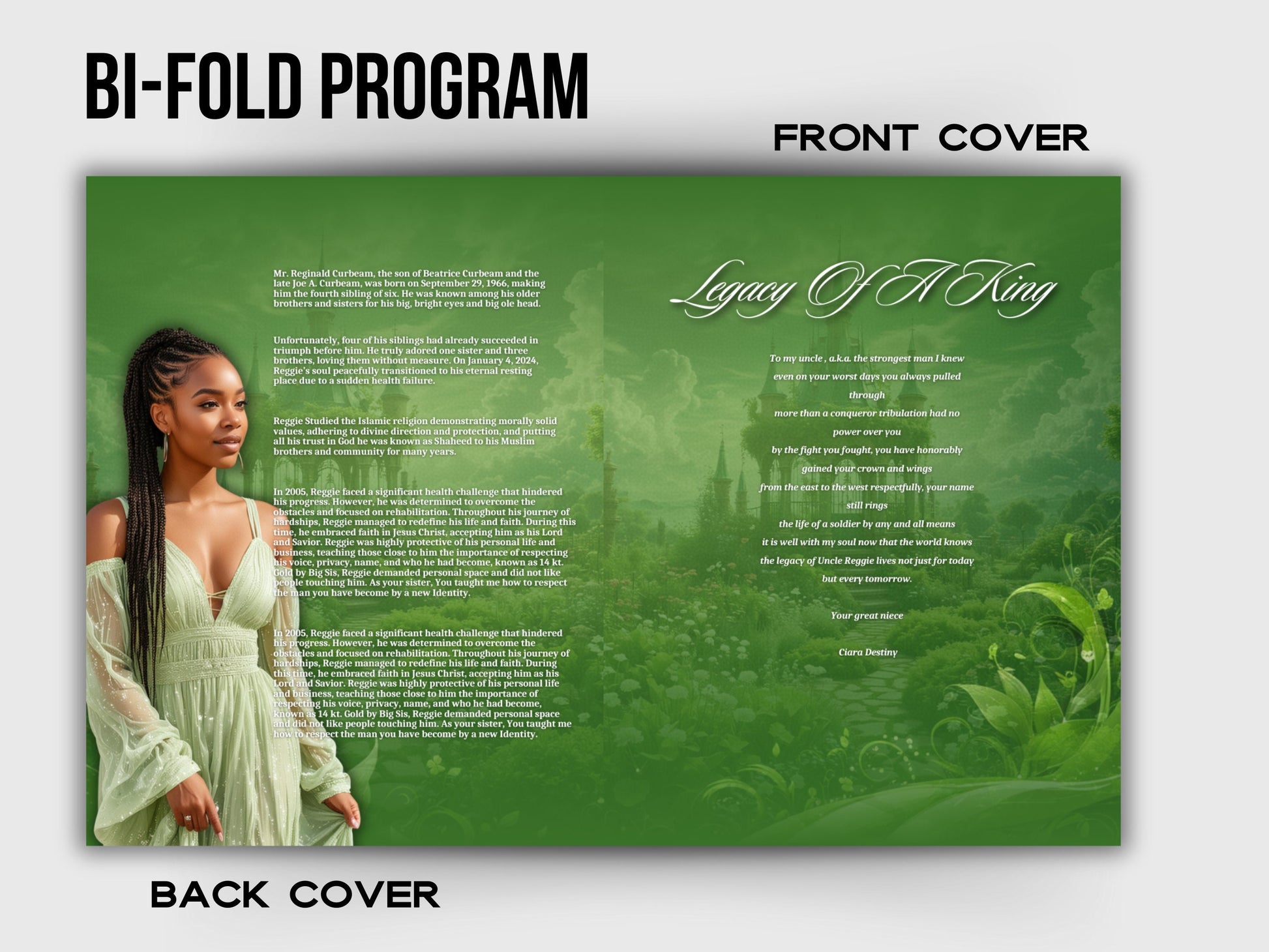 Funeral programs 5.5"x8.5" editable template 8 page Women's Green In loving memory funeral brochure printing DIY Funeral booklet