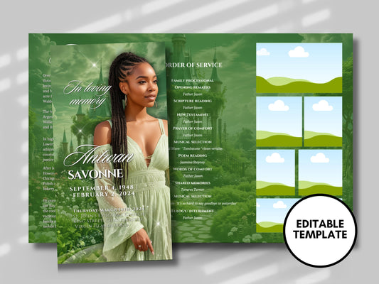 Funeral program 17"X11"editable template TRIFOLD Women Green In loving memory funeral brochure printing DIY Funeral booklet Printable