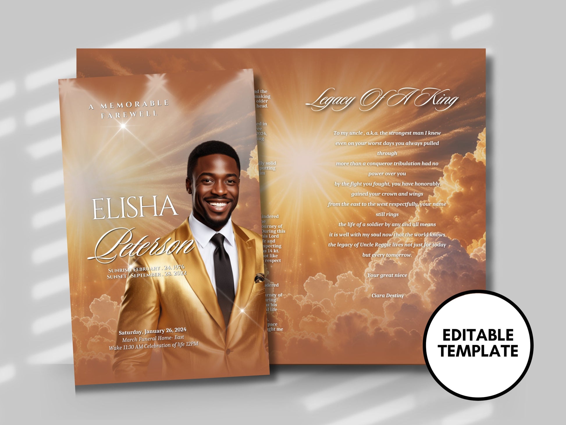 Funeral programs 8.5X11 editable template 8 page Men's Gold Sunshine Program In loving memory funeral brochure printing DIY Funeral booklet