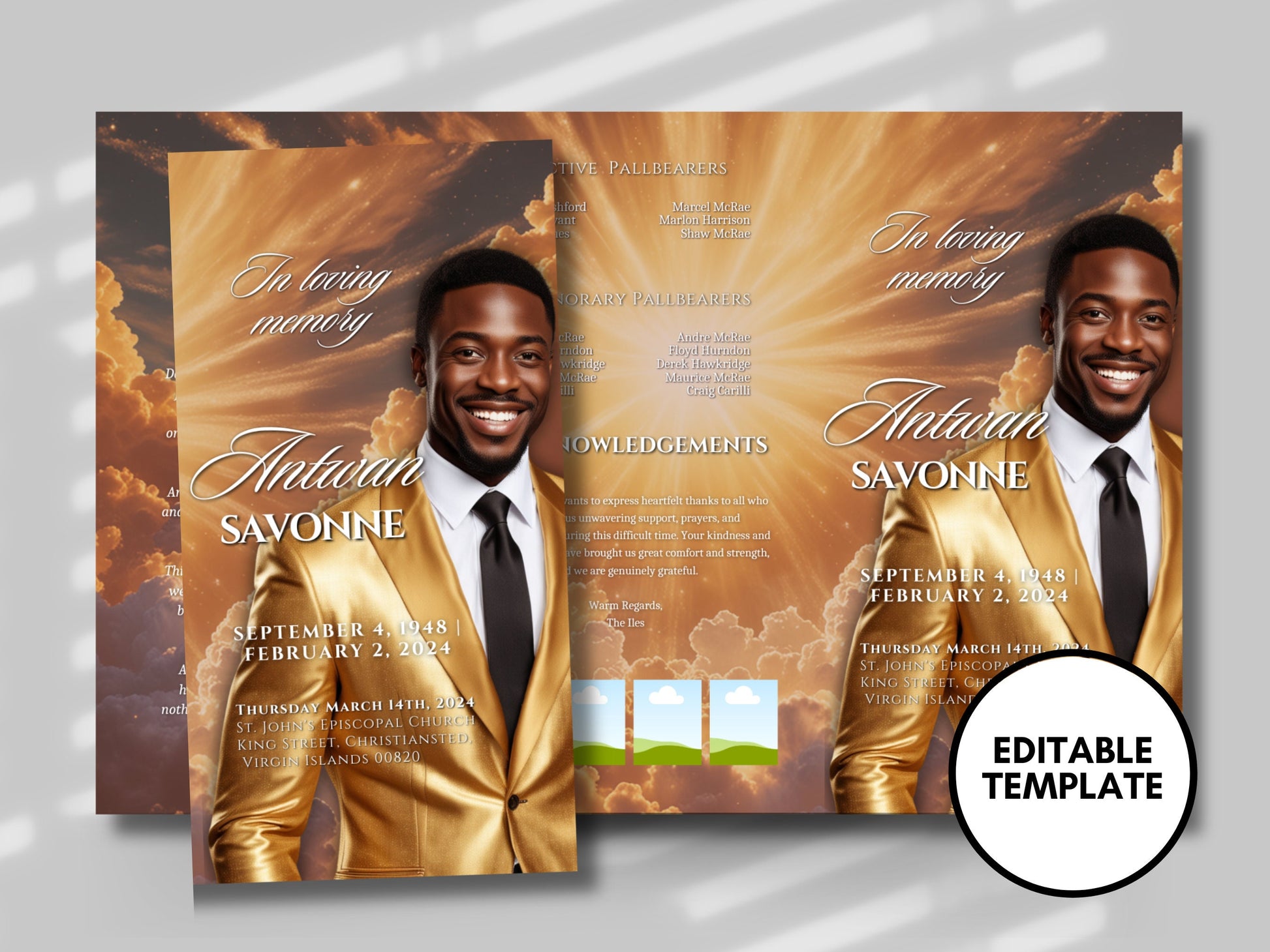 Funeral programs 17x11 editable template TRIFOLD Mens Gold Sunshine In loving memory funeral brochure printing DIY Funeral booklet