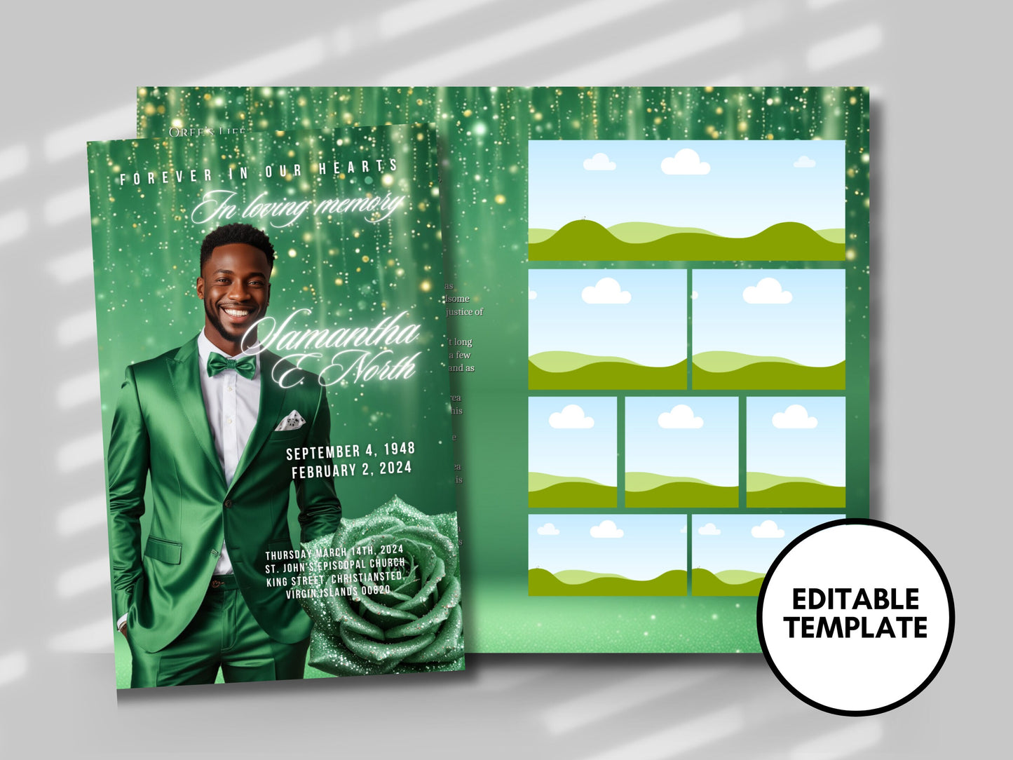 Funeral programs 8.5X11 editable template 8 page Men's Green Sparkle Program In loving memory funeral brochure printing DIY Funeral booklet