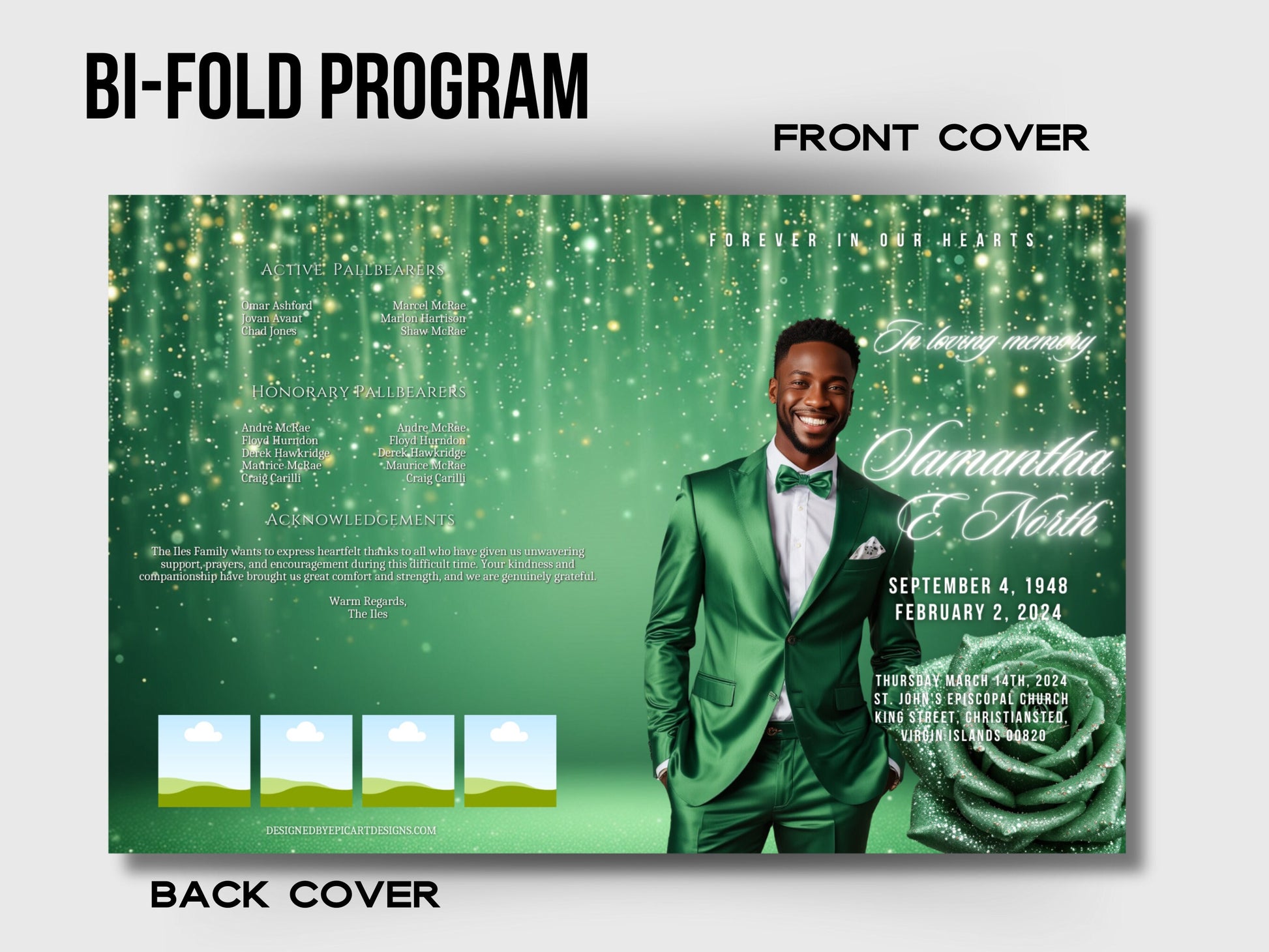 Funeral programs 8.5X11 editable template 8 page Men's Green Sparkle Program In loving memory funeral brochure printing DIY Funeral booklet