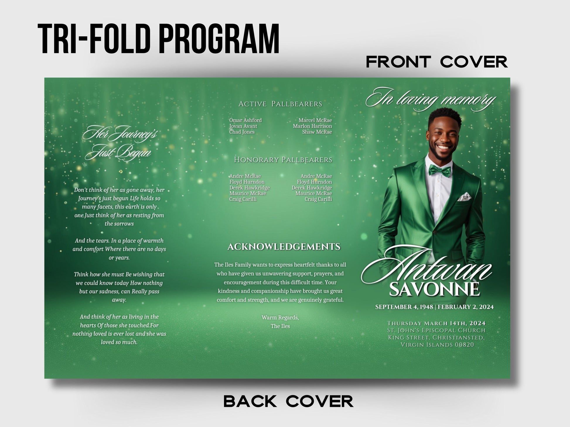 Funeral programs 17x11 editable template TRIFOLD Mens Green Sparkle In loving memory funeral brochure printing DIY Funeral booklet