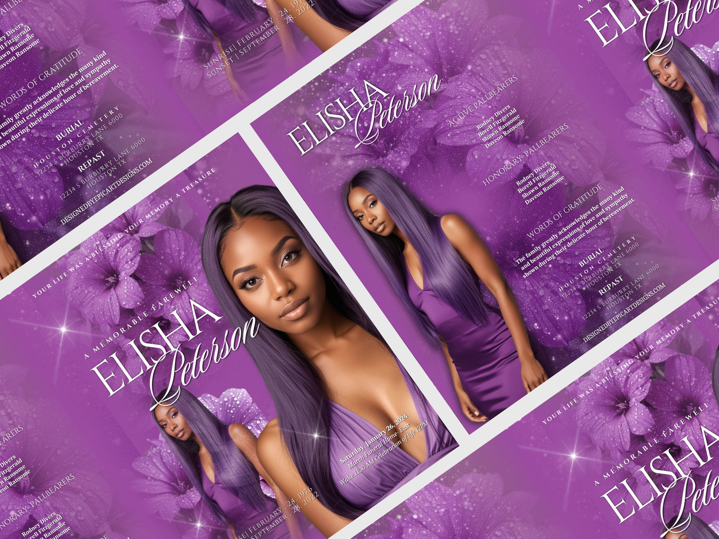 Funeral programs 8.5X11 editable template 8 page Women's Purple Flower In loving memory funeral brochure printing DIY Funeral booklet