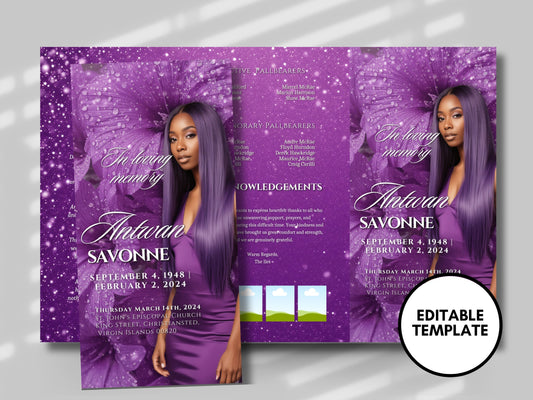 Funeral program 17"X11"editable template TRIFOLD Womens Purple In loving memory funeral brochure printing DIY Funeral booklet Printable