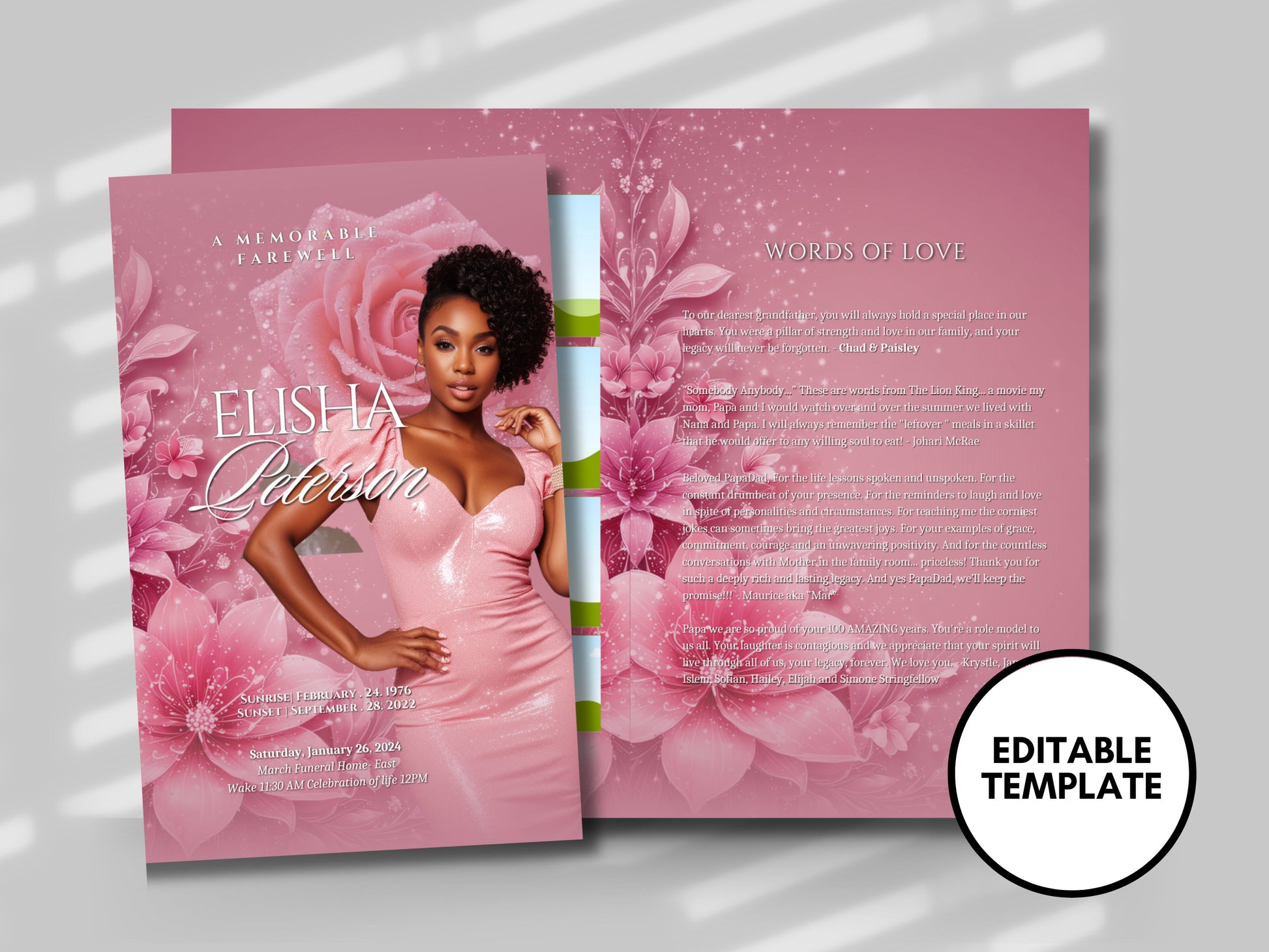 Funeral programs 8.5X11 editable template 8 page Women's Pink Sparkling In loving memory funeral brochure printing DIY Funeral booklet