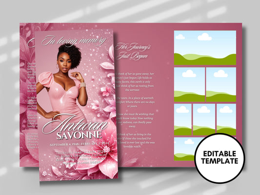 Funeral program 17"X11"editable template TRIFOLD Women Pink Sparkle In loving memory funeral brochure printing DIY Funeral booklet Printable