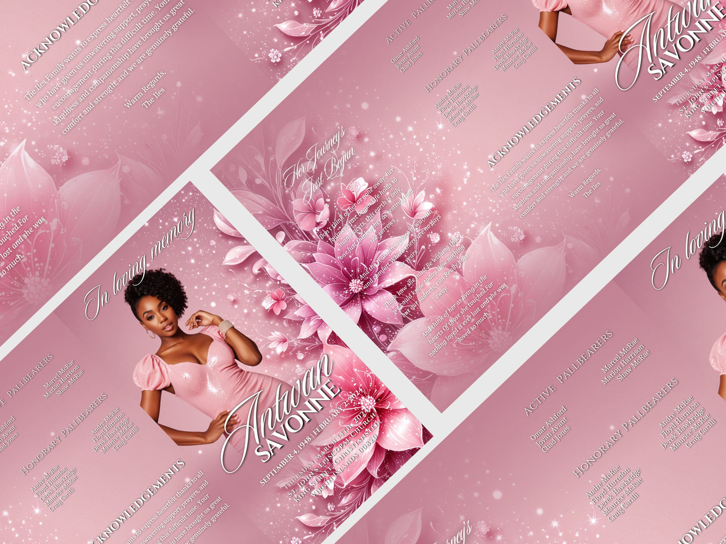 Funeral program 17"X11"editable template TRIFOLD Women Pink Sparkle In loving memory funeral brochure printing DIY Funeral booklet Printable