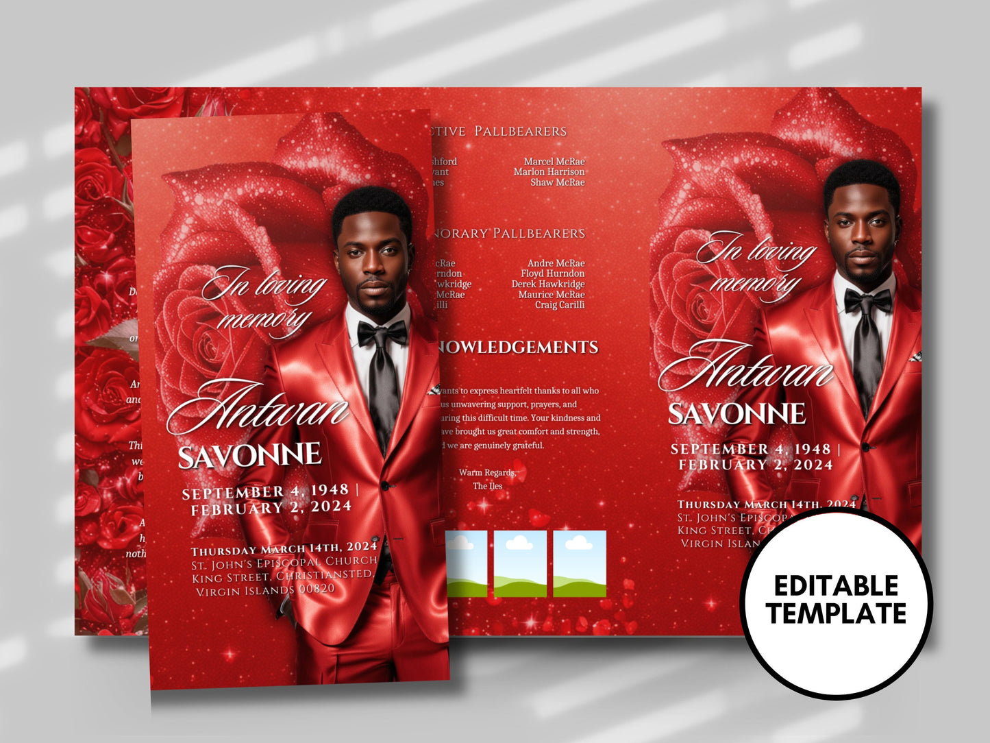 Funeral program 17"X11"editable templateTRIFOLD Men's Red Glitter In loving memory funeral brochure printing DIY Funeral booklet Printable