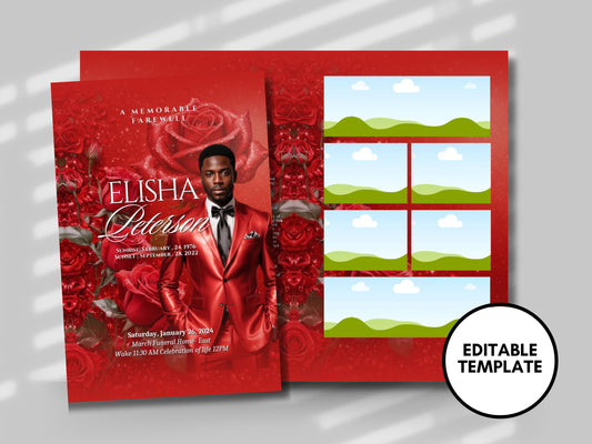 Funeral programs 5.5"x8.5" editable template 8 page Men's Red Glitter In loving memory funeral brochure printing DIY Funeral booklet