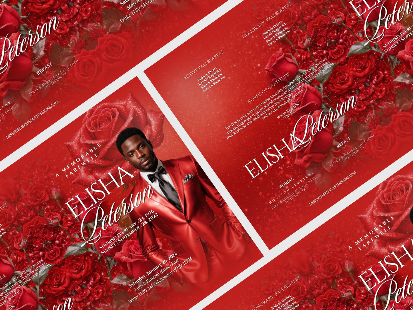 Funeral programs 5.5"x8.5" editable template 8 page Men's Red Glitter In loving memory funeral brochure printing DIY Funeral booklet