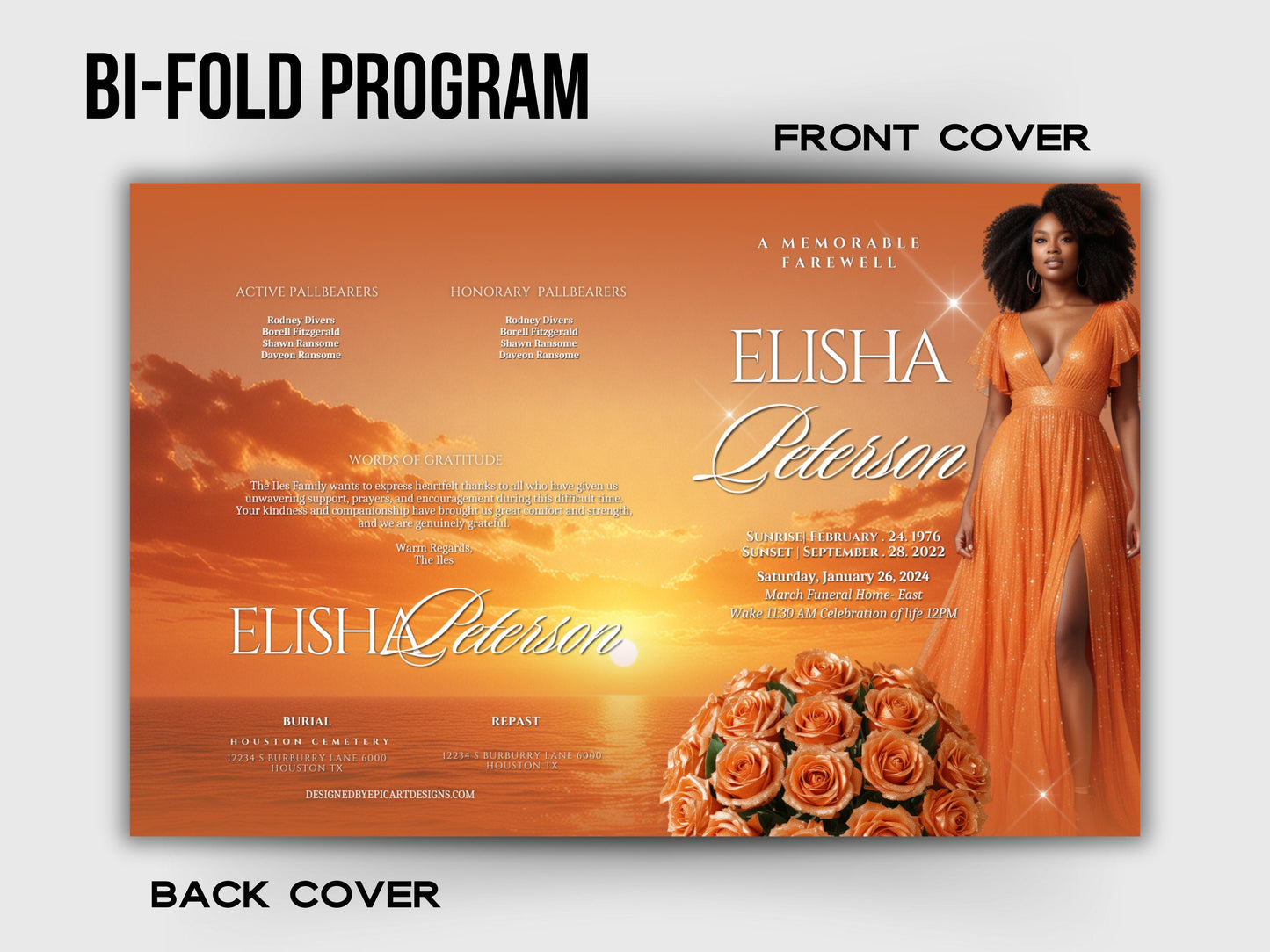 Funeral programs 8.5X11 editable template 8 page Women's Orange In loving memory funeral brochure printing DIY Funeral booklet