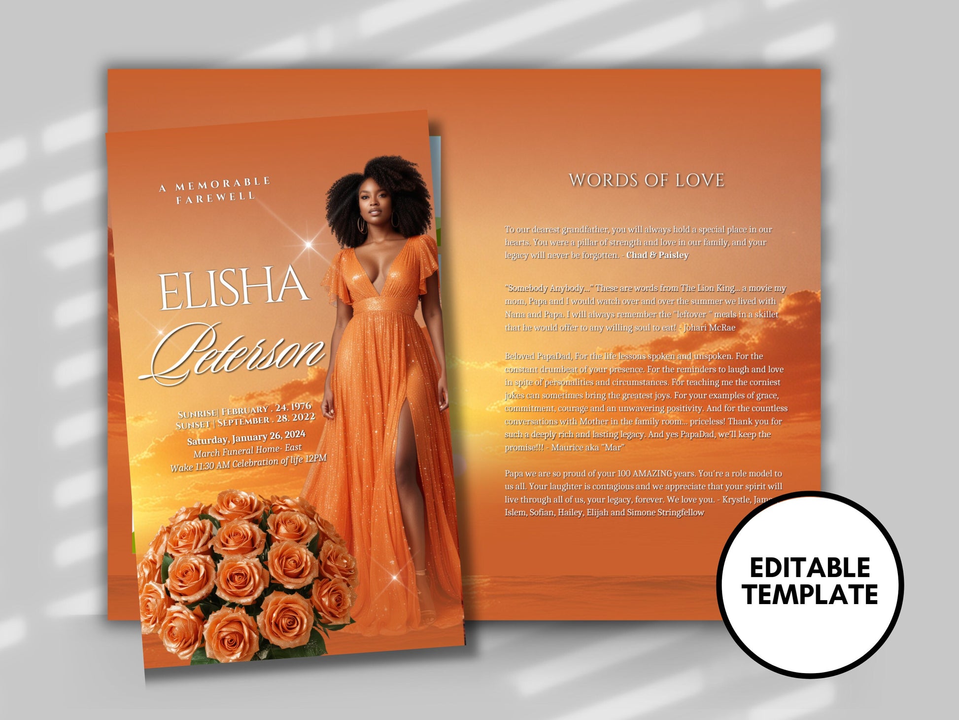 Funeral programs 8.5X11 editable template 8 page Women's Orange In loving memory funeral brochure printing DIY Funeral booklet