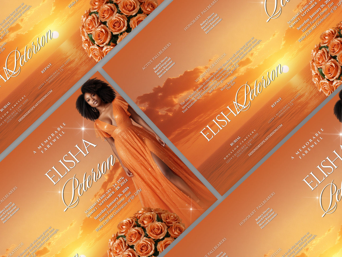 Funeral programs 8.5X11 editable template 8 page Women's Orange In loving memory funeral brochure printing DIY Funeral booklet