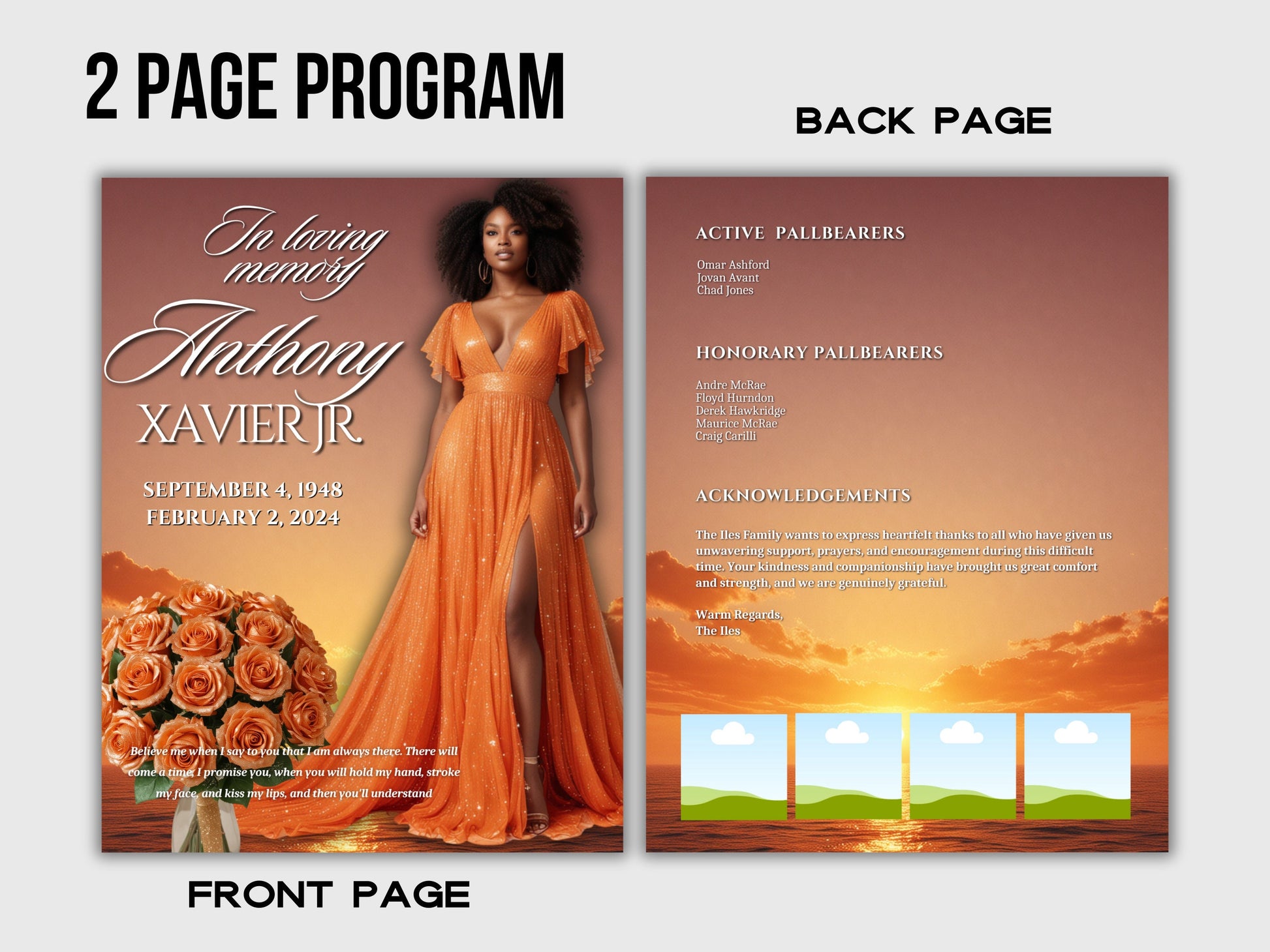 Funeral programs editable template 2 page 8.5x11 Womens Orange Sparkle In loving memory funeral brochure printing DIY Funeral booklet