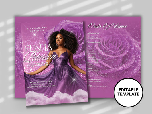 Funeral programs 8.5X11 editable template 8 page Women's Purple In loving memory funeral brochure printing DIY Funeral booklet