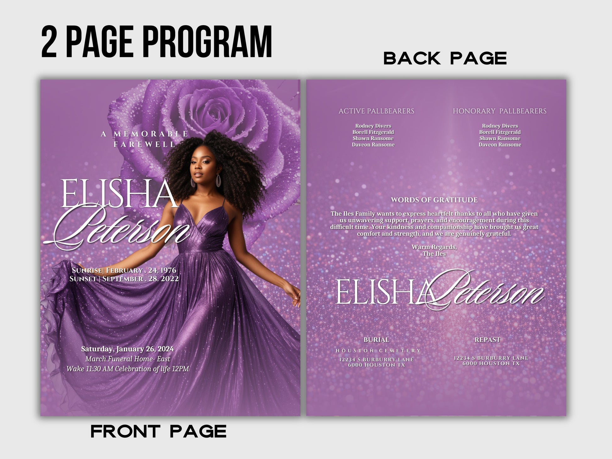 Funeral programs editable template 2 page 8.5x11 Womens Purple Sparkle In loving memory funeral brochure printing DIY Funeral booklet