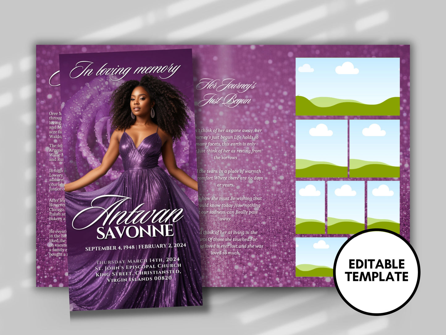 Funeral program 17"X11"editable templateTRIFOLD Womens Purple In loving memory funeral brochure printing DIY Funeral booklet Printable