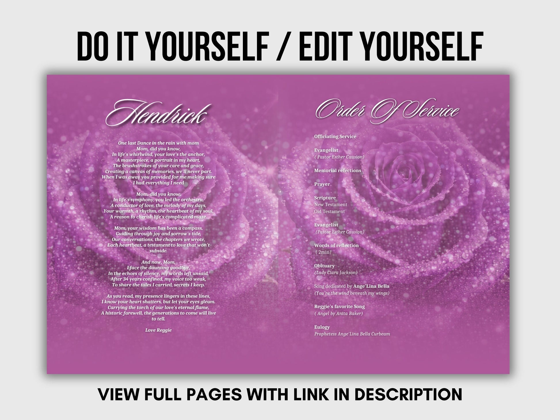 Funeral programs 5.5"x8.5" editable template 8 page Women's Purple Glitter In loving memory funeral brochure printing DIY Funeral booklet