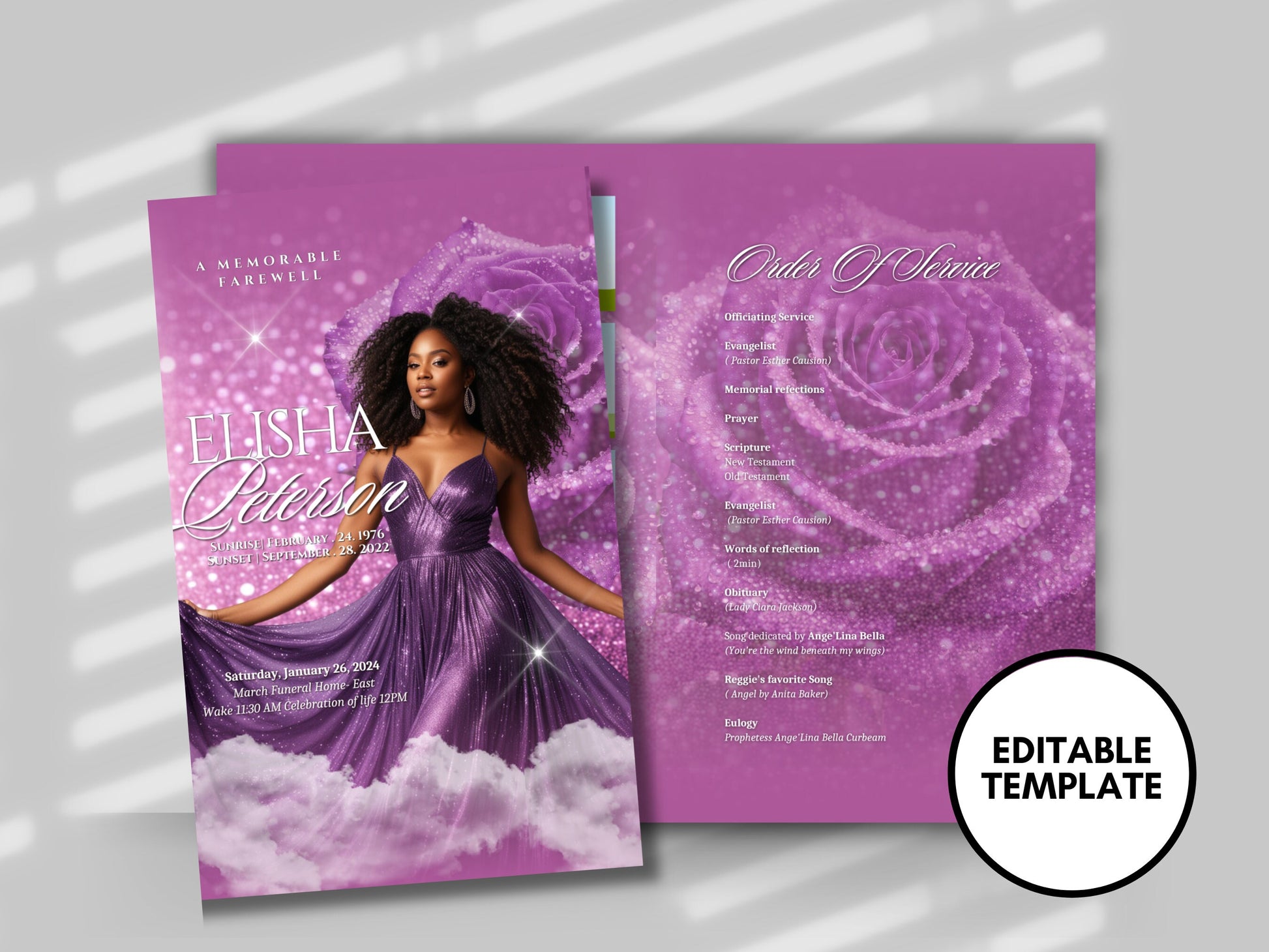 Funeral programs 5.5"x8.5" editable template 8 page Women's Purple Glitter In loving memory funeral brochure printing DIY Funeral booklet