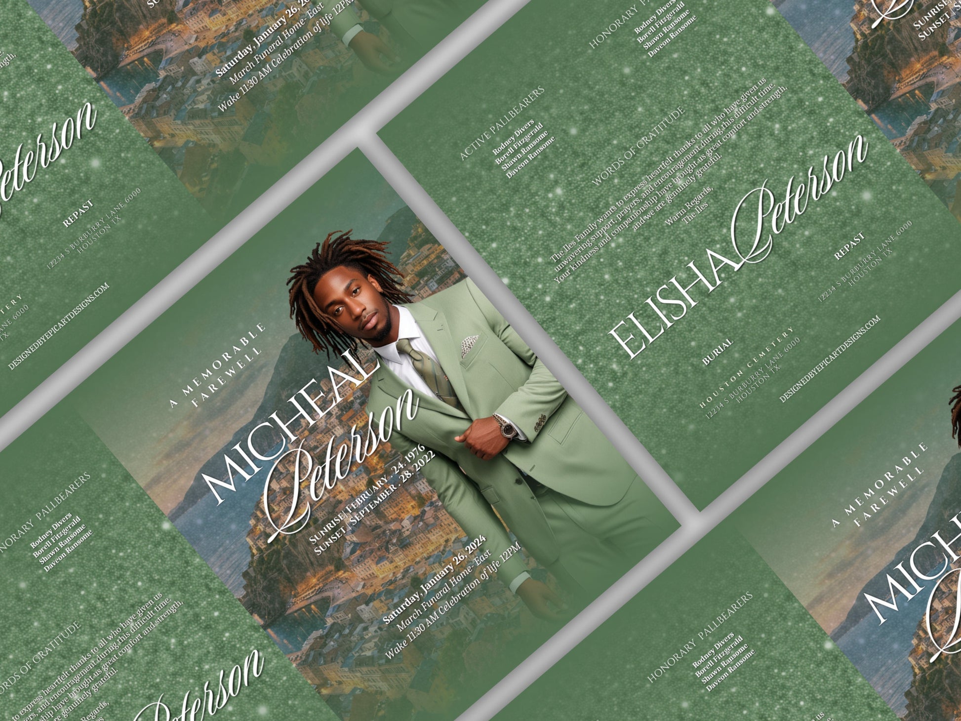 Funeral programs 8.5X11 editable template 8 page Men's Sage Green In loving memory funeral brochure printing DIY Funeral booklet