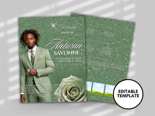 Funeral programs editable template 2 page 8.5x11 Men's Sage Green In loving memory funeral brochure printing DIY Funeral booklet