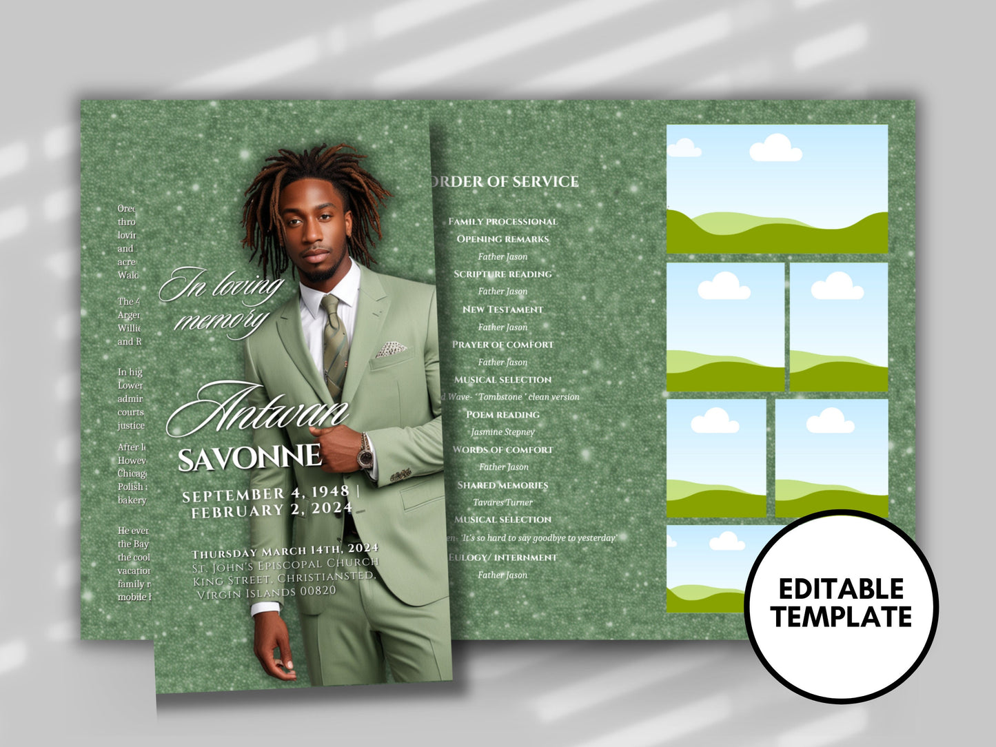 Funeral program 17"X11"editable templateTRIFOLD Men's Sage green In loving memory funeral brochure printing DIY Funeral booklet Printable