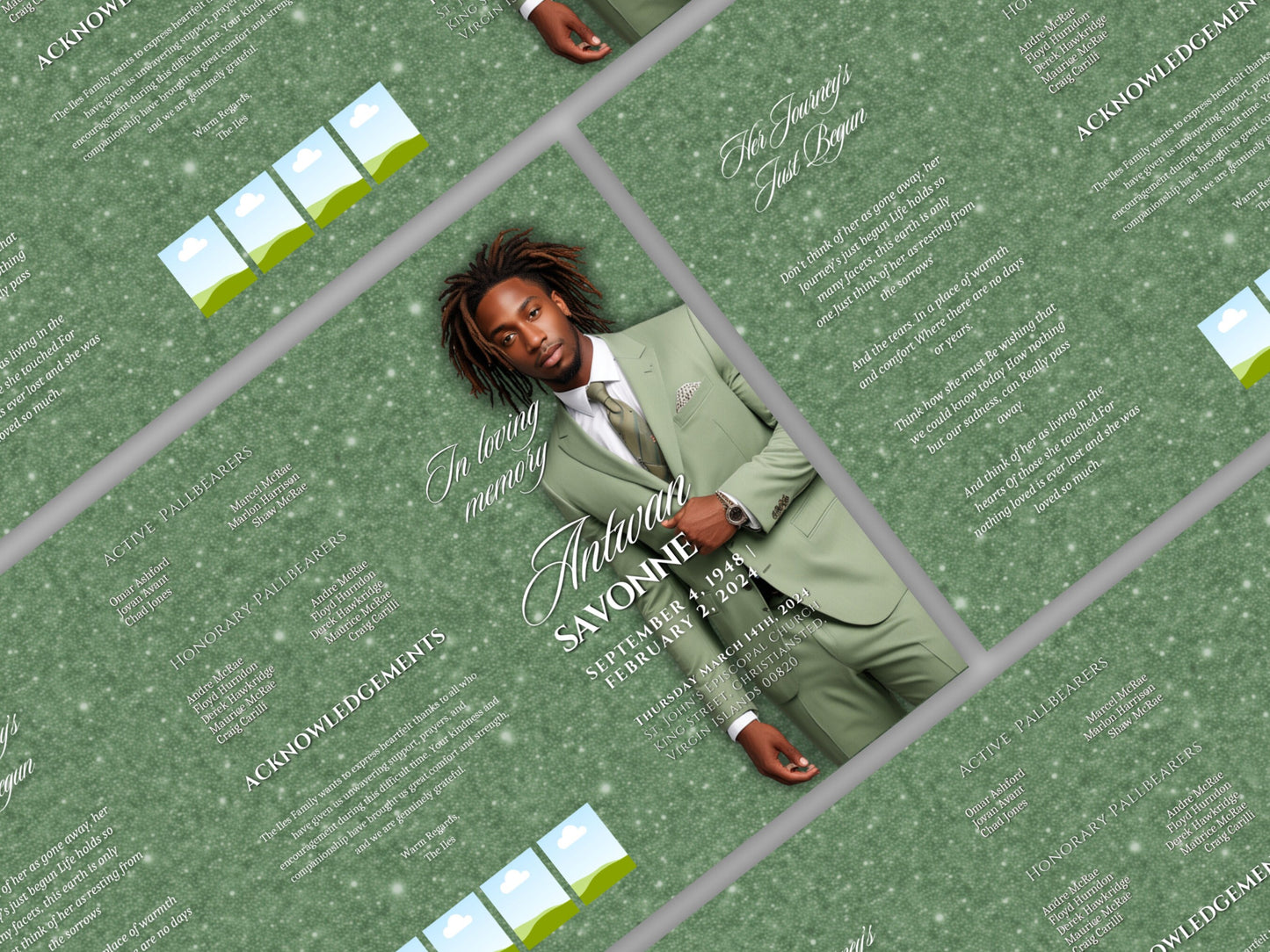 Funeral program 17"X11"editable templateTRIFOLD Men's Sage green In loving memory funeral brochure printing DIY Funeral booklet Printable