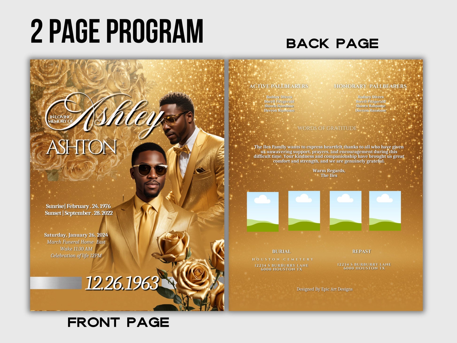 Funeral programs editable template 2 page 8.5x11 Men's Gold Glitter In loving memory funeral brochure printing DIY Funeral booklet