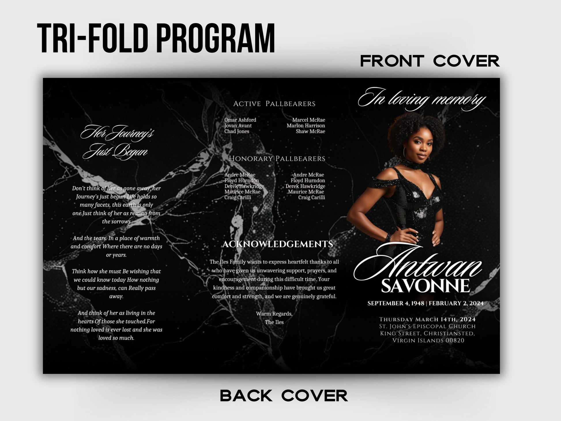 Funeral program 17"X11"editable templateTRIFOLD Women's Black In loving memory funeral brochure printing DIY Funeral booklet Printable