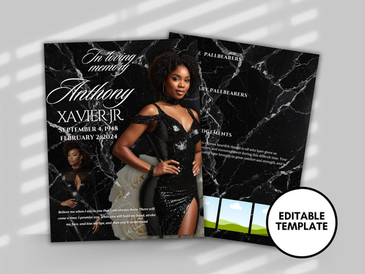 Funeral programs editable template 2 page 8.5x11 Women's All Black In loving memory funeral brochure printing DIY Funeral booklet