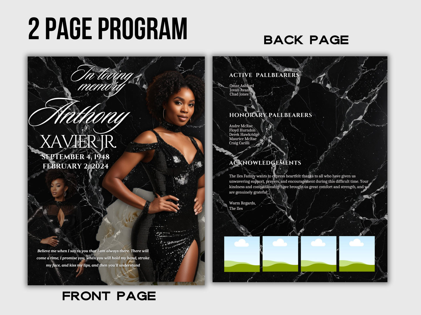 Funeral programs editable template 2 page 8.5x11 Women's All Black In loving memory funeral brochure printing DIY Funeral booklet