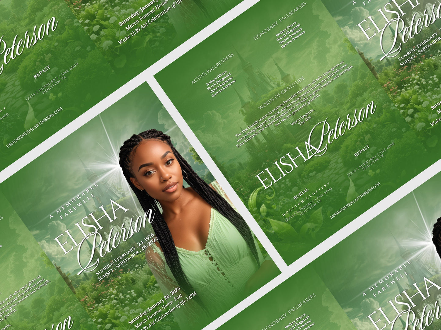 Funeral programs 5.5"x8.5" editable template 8 page Women's Green In loving memory funeral brochure printing DIY Funeral booklet