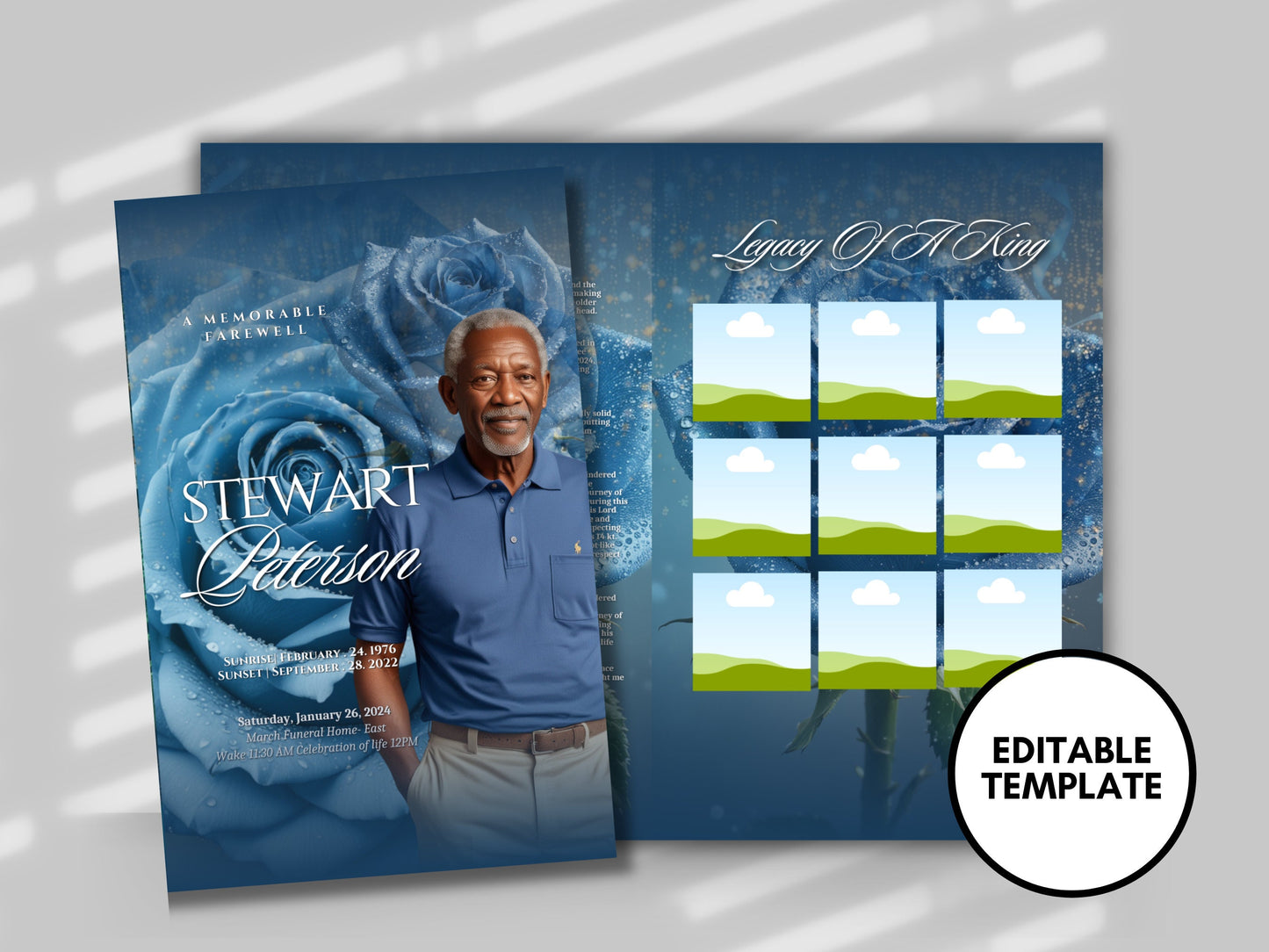 Funeral programs 8.5X11 editable template 8 page Men's Blue In loving memory funeral brochure printing DIY Funeral booklet