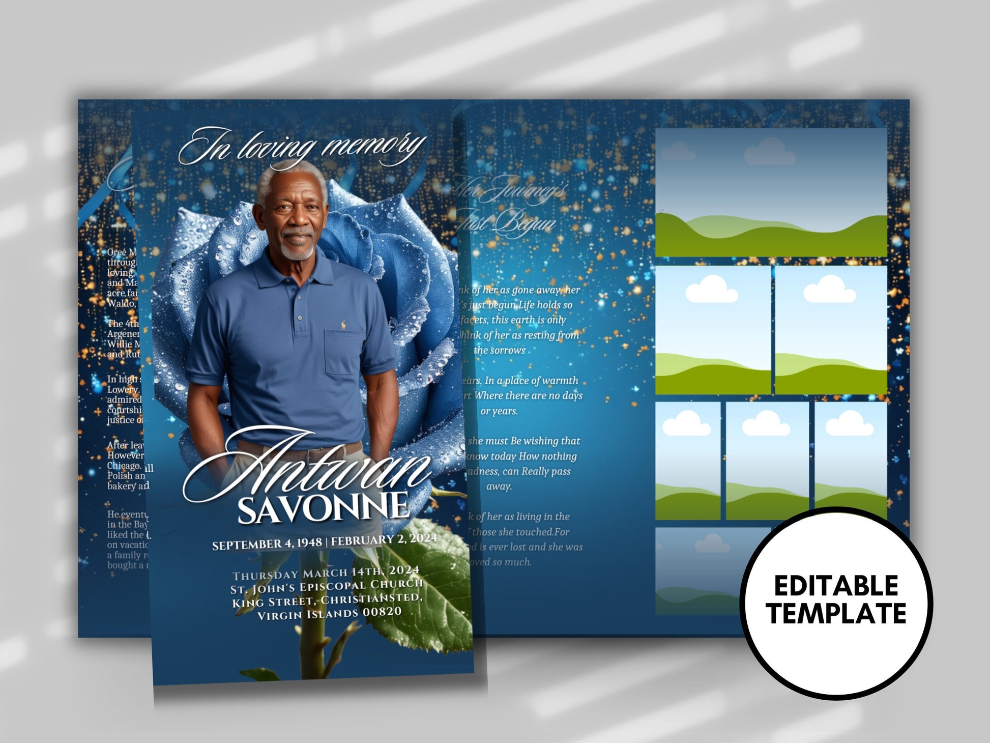 Funeral program 17"X11"editable templateTRIFOLD Men's Blue Glitter In loving memory funeral brochure printing DIY Funeral booklet Printable