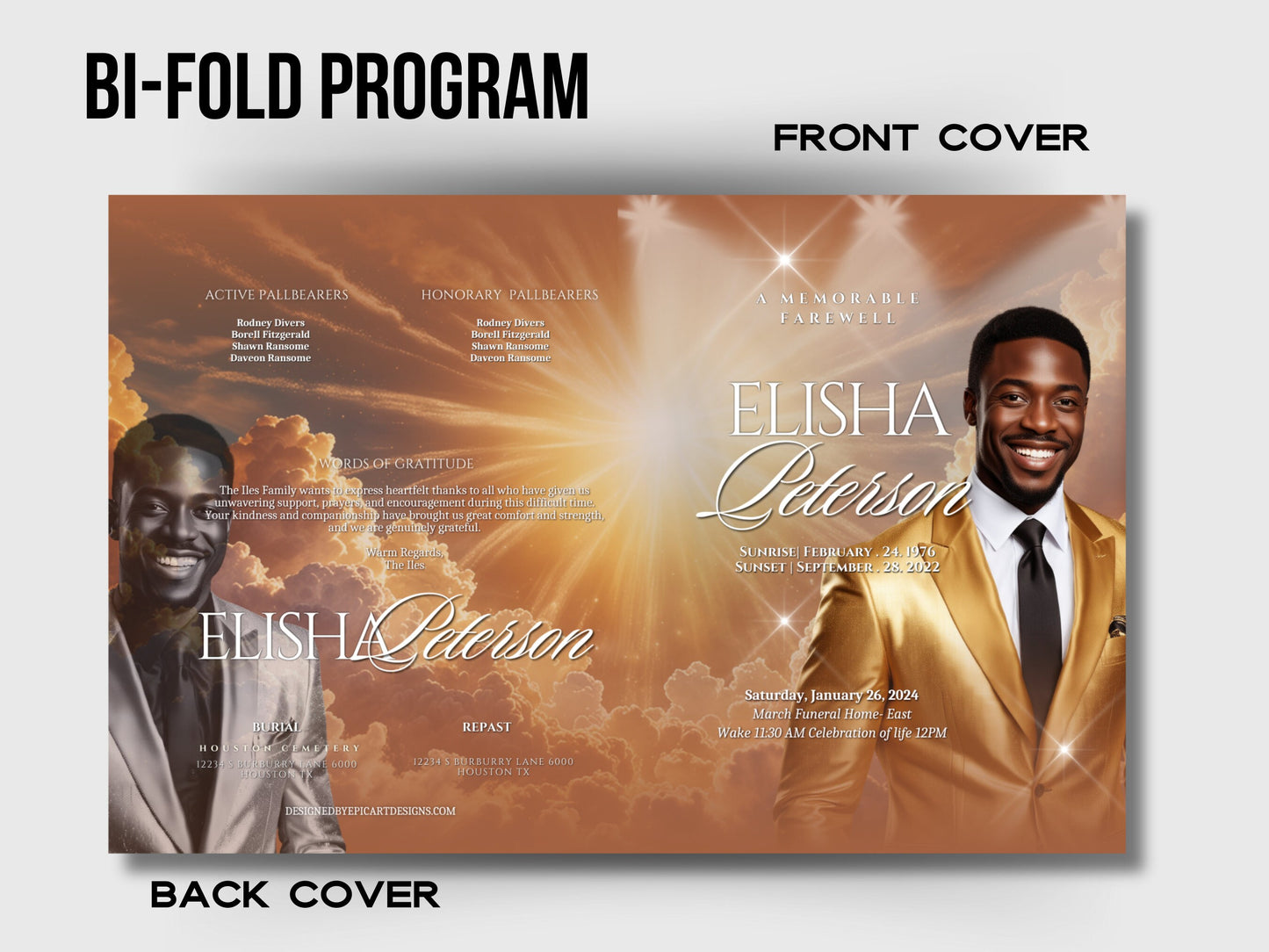 Funeral programs 8.5X11 editable template 8 page Men's Gold Sunshine Program In loving memory funeral brochure printing DIY Funeral booklet