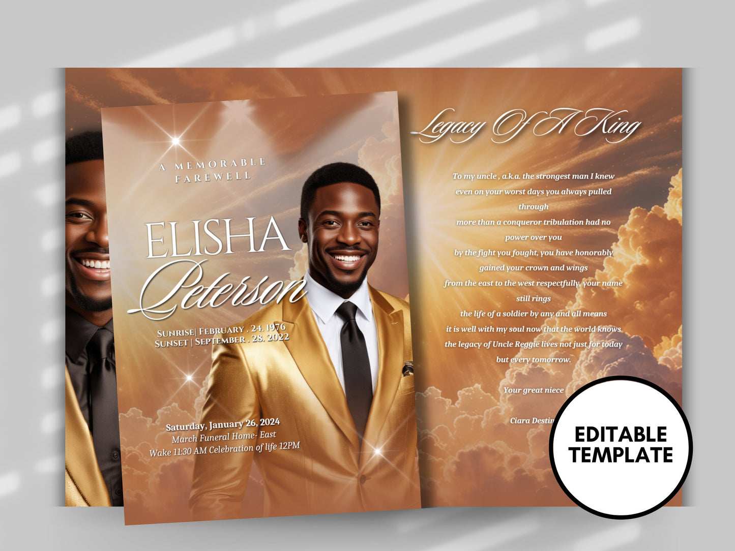 Funeral programs 8.5X11 editable template 8 page Men's Gold Sunshine Program In loving memory funeral brochure printing DIY Funeral booklet