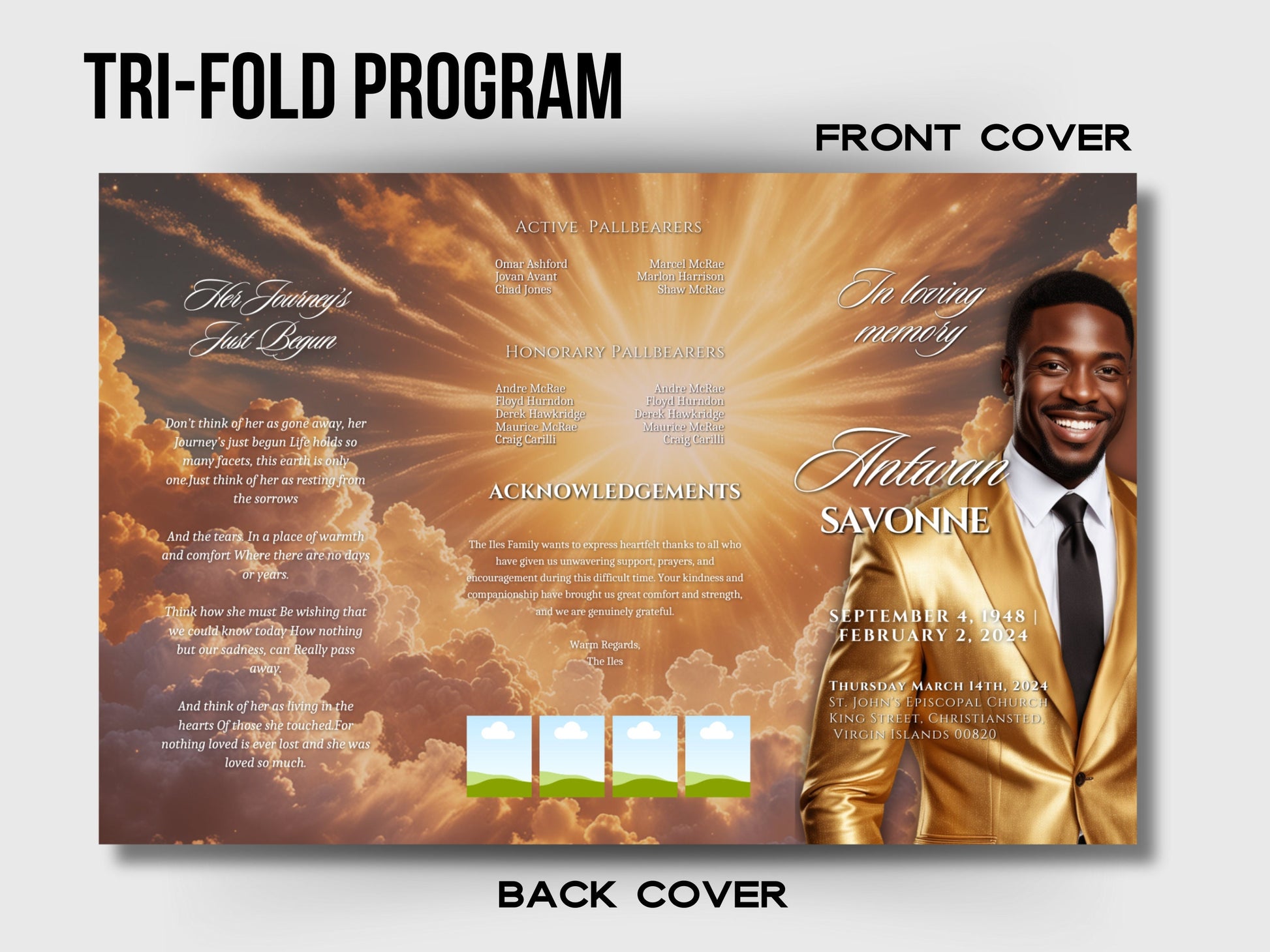 Funeral programs 17x11 editable template TRIFOLD Mens Gold Sunshine In loving memory funeral brochure printing DIY Funeral booklet