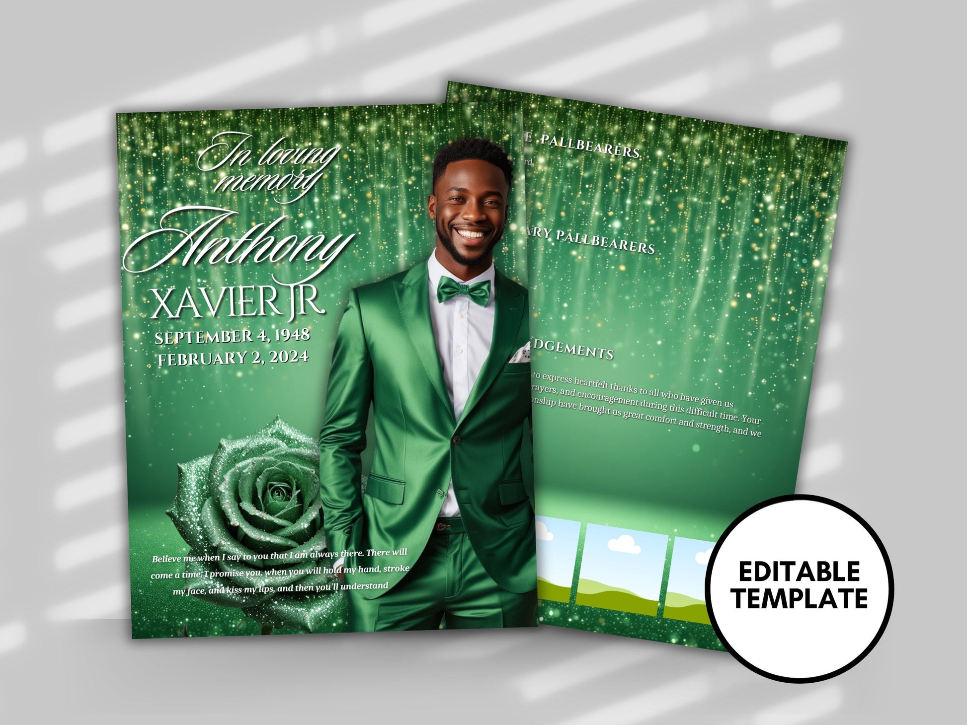 Funeral programs editable template 2 page 8.5x11 Mens Green sparkle Program In loving memory funeral brochure printing DIY Funeral booklet